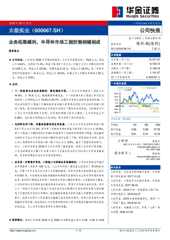 业务拓展顺利，半导体市场工程封测相辅相成