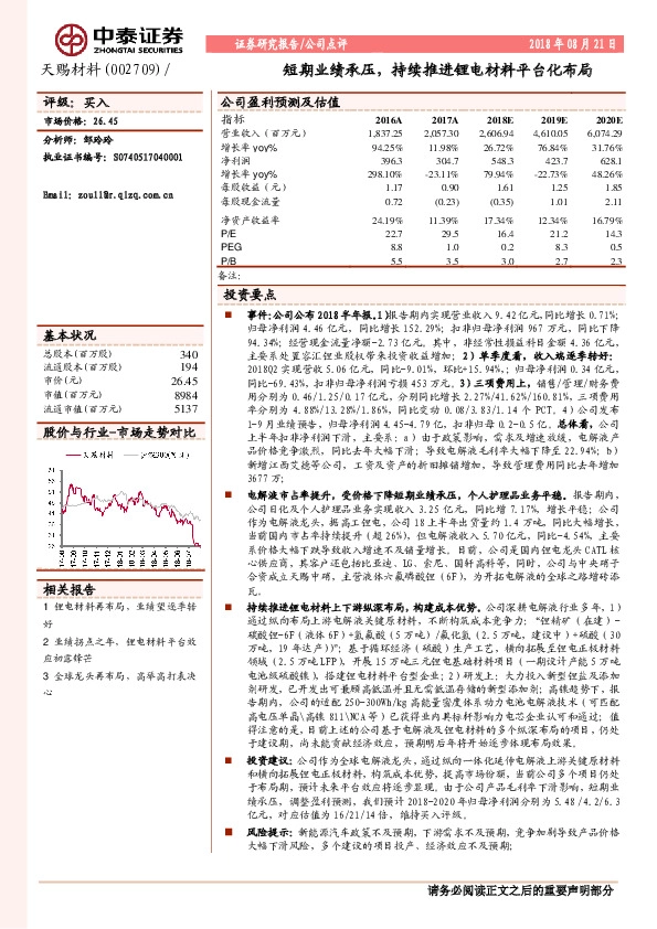 短期业绩承压，持续推进锂电材料平台化布局