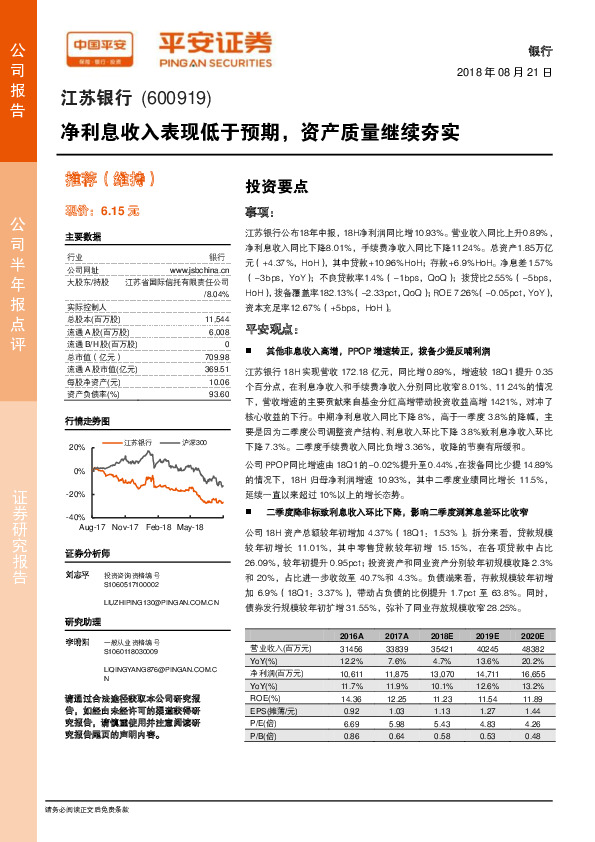 净利息收入表现低于预期，资产质量继续夯实
