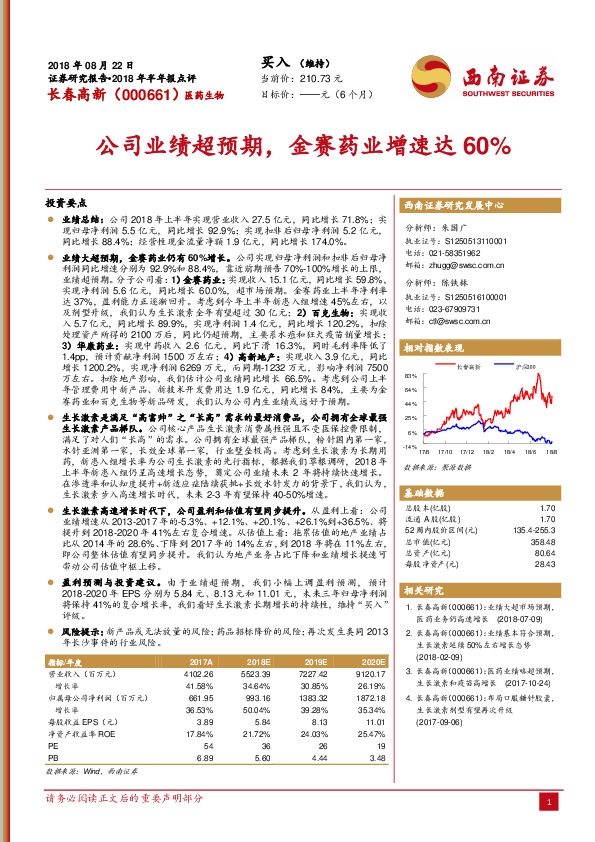 公司业绩超预期，金赛药业增速达60%