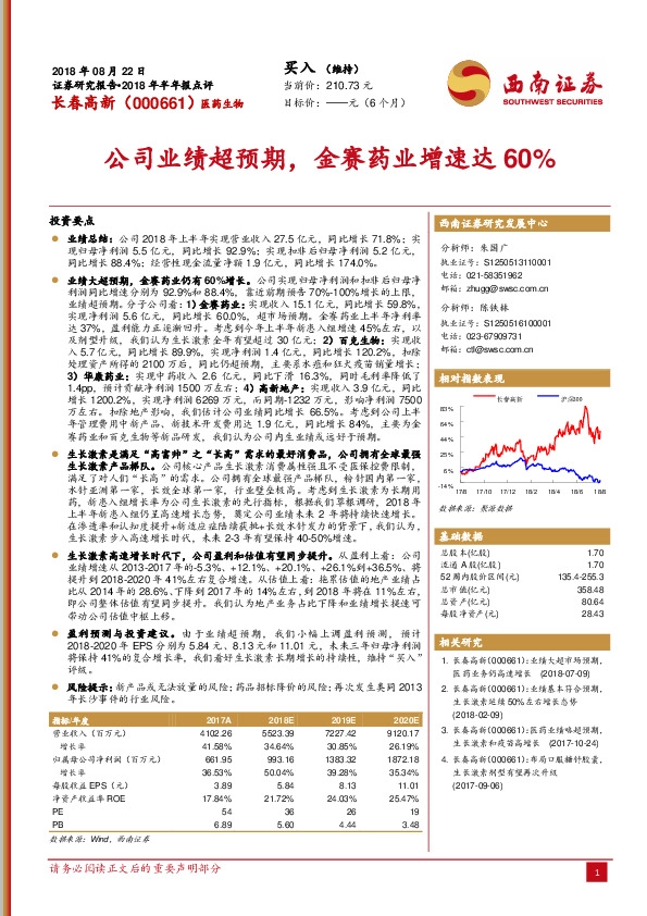 公司业绩超预期，金赛药业增速达60%