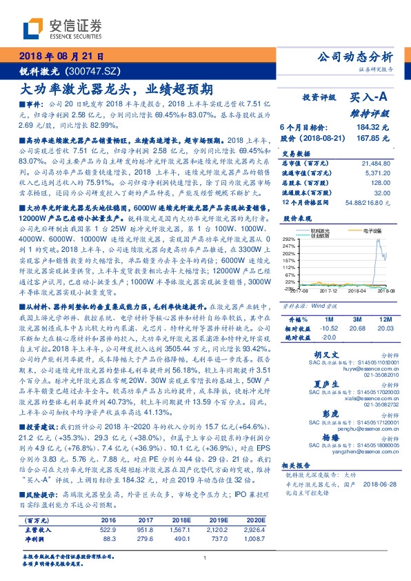 大功率激光器龙头，业绩超预期