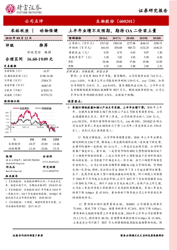 上半年业绩不及预期，期待OA二价苗上量