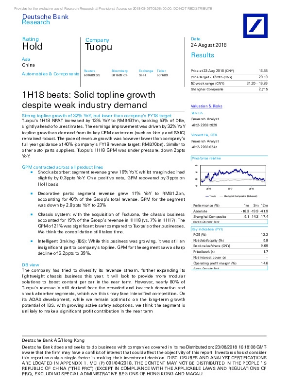 1H18 beats: Solid topline growth despite weak industry demand