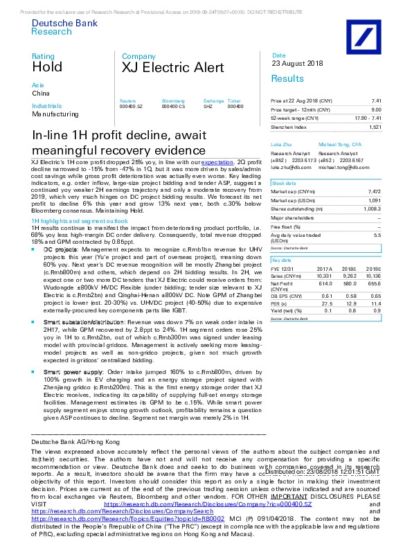 In-line 1H profit decline, await meaningful recovery evidence