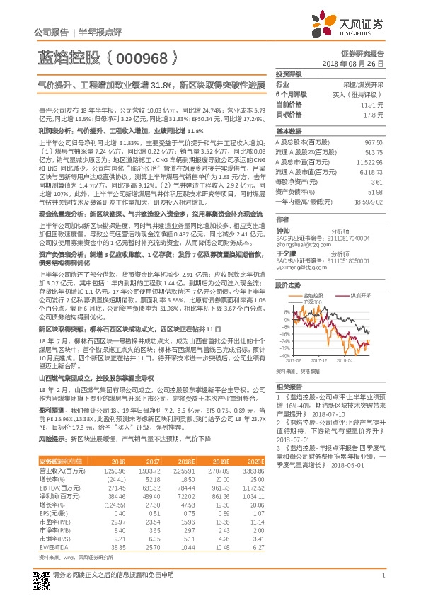 气价提升、工程增加致业绩增31.8，新区块取得突破性进展