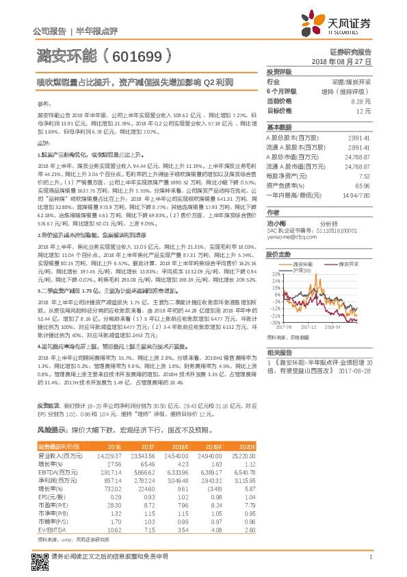 喷吹煤销量占比提升，资产减值损失增加影响Q2利润