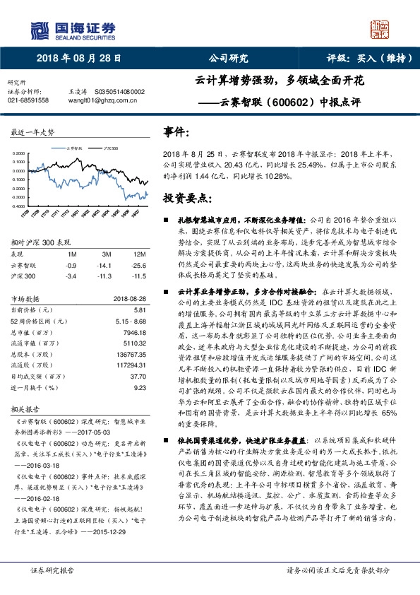 中报点评：云计算增势强劲，多领域全面开花