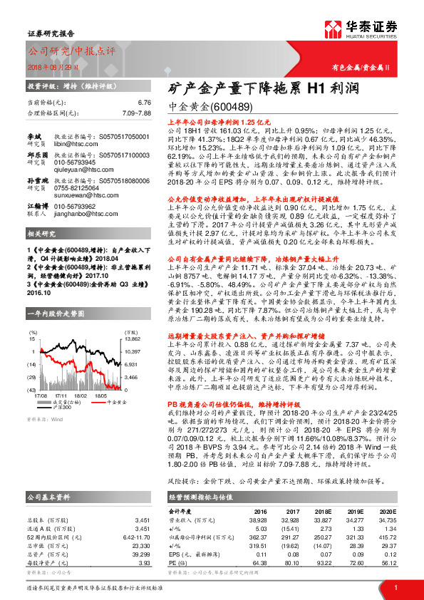 矿产金产量下降拖累H1利润