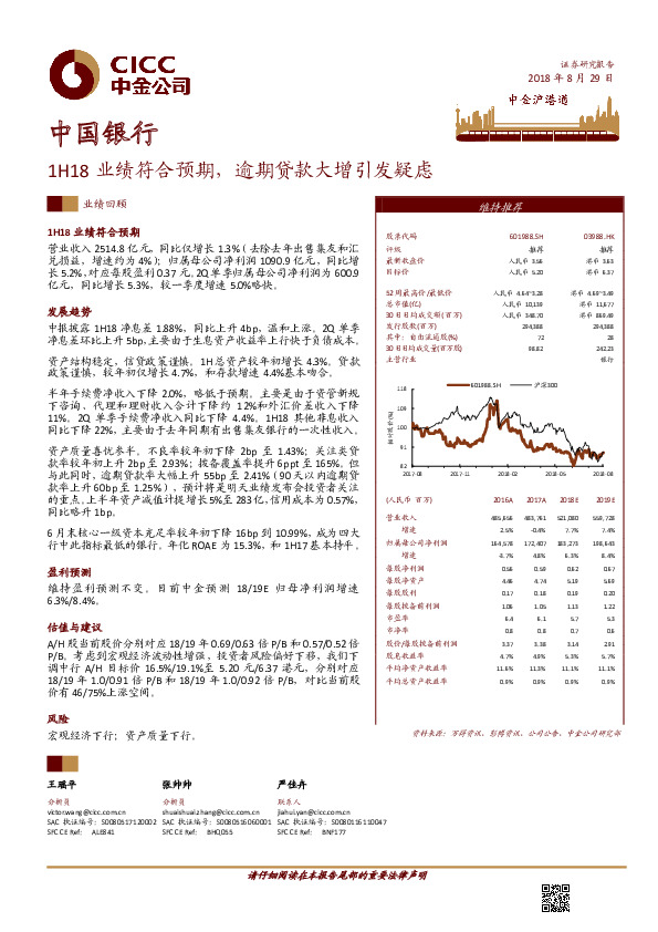 1H18业绩符合预期，逾期贷款大增引发疑虑