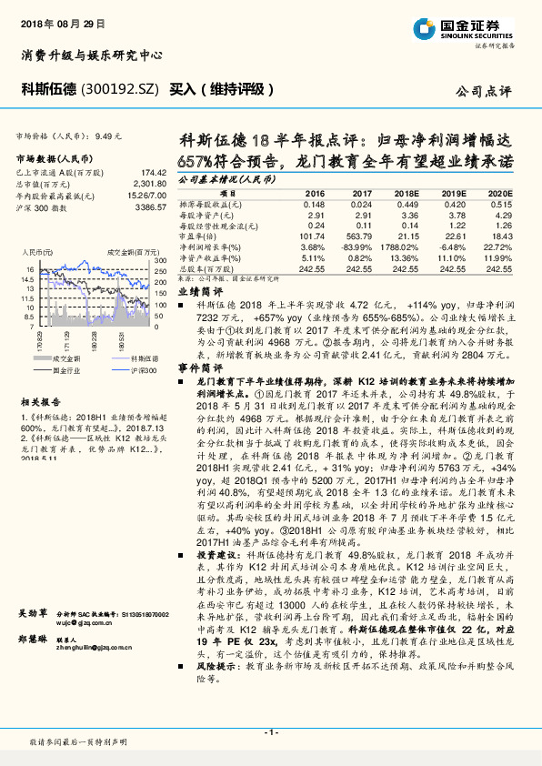18半年报点评：归母净利润增幅达657%符合预告，龙门教育全年有望超业绩承诺