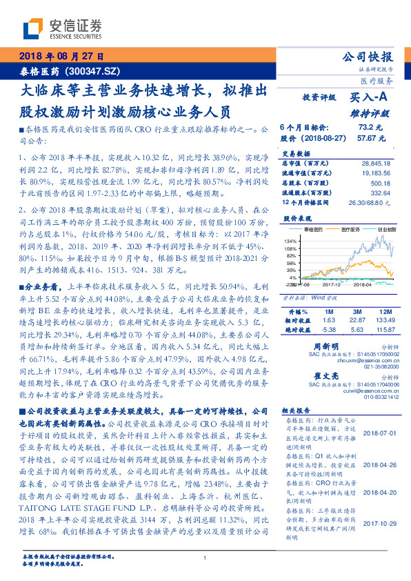大临床等主营业务快速增长，拟推出股权激励计划激励核心业务人员
