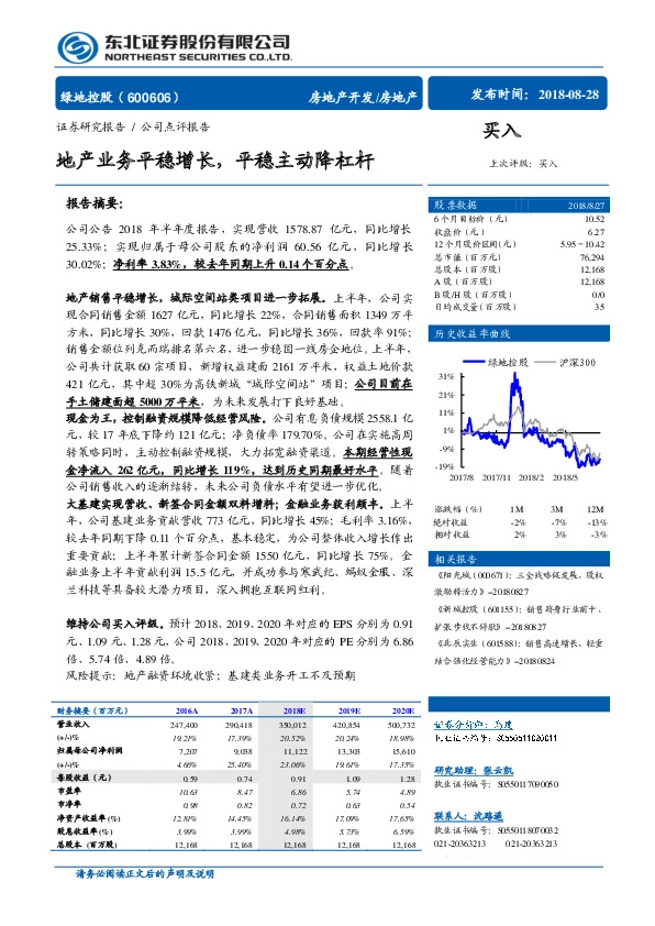 地产业务平稳增长，平稳主动降杠杆