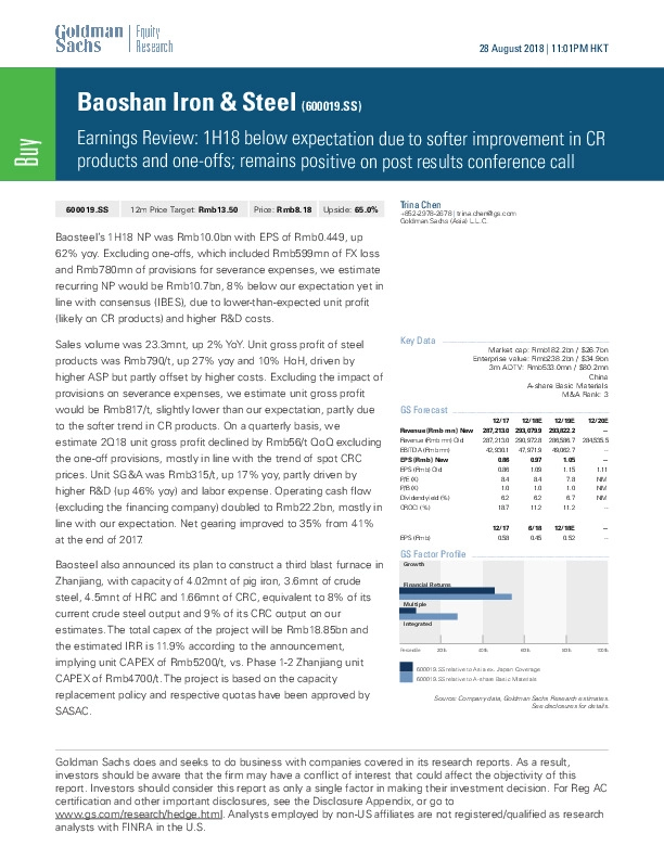 Earnings Review: 1H18 below expectation due to softer improvement in CR products and one-offs; remains positive on post results conference call