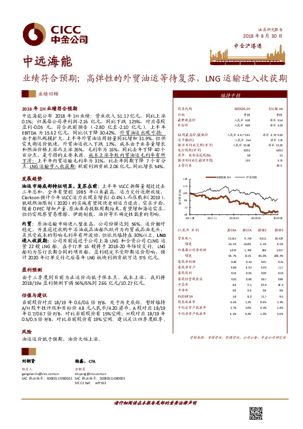 业绩符合预期；高弹性的外贸油运等待复苏，LNG运输进入收获期