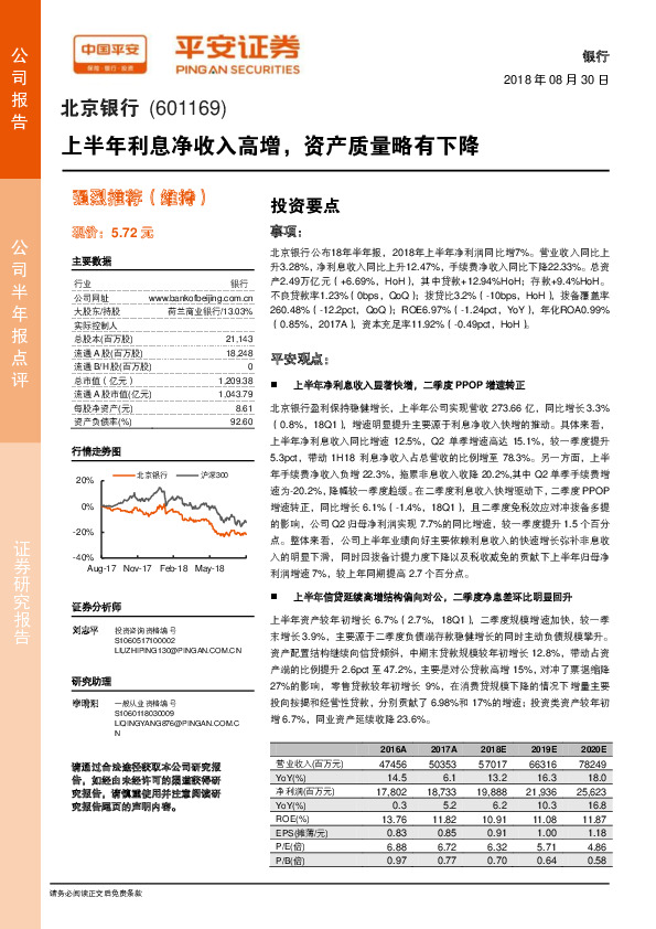 上半年利息净收入高增，资产质量略有下降