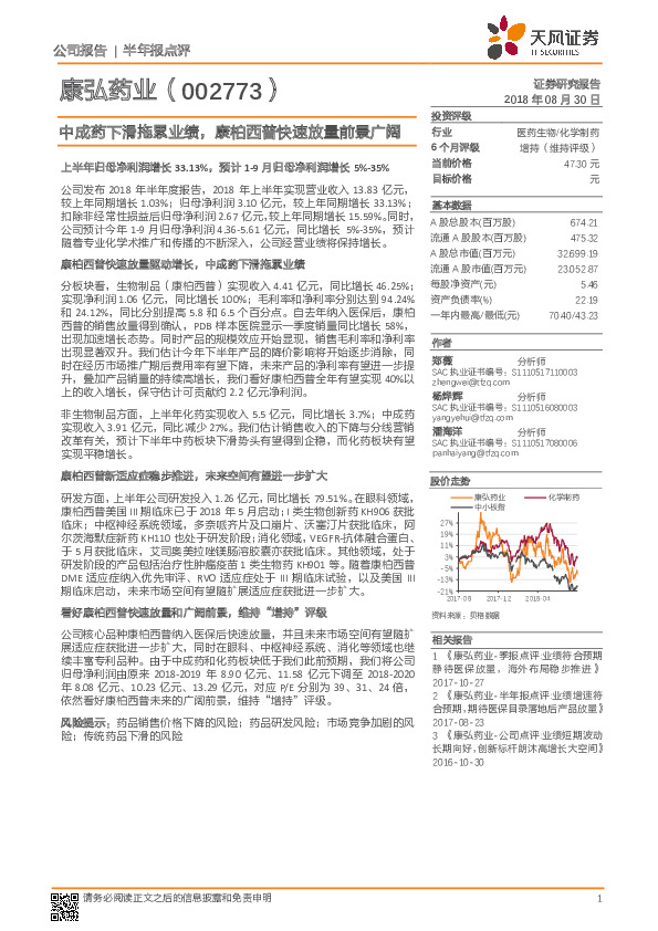 中成药下滑拖累业绩，康柏西普快速放量前景广阔