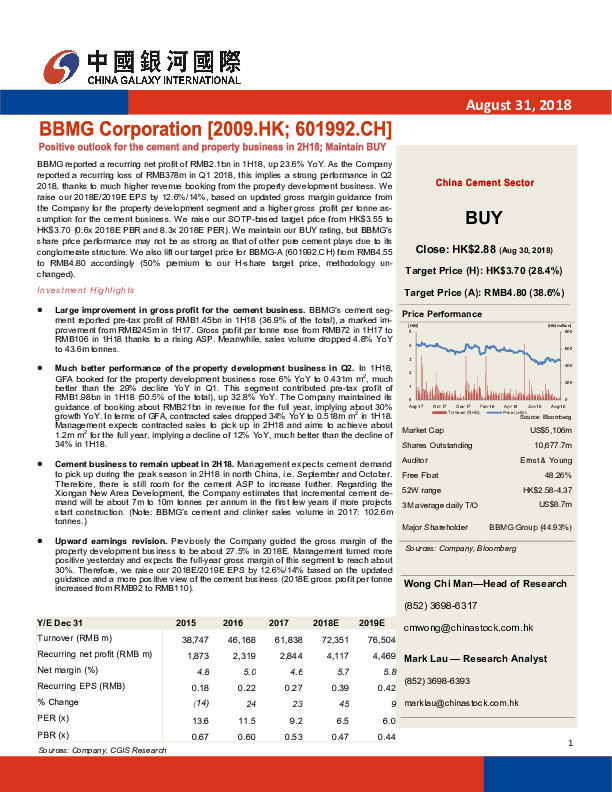 Positive outlook for the cement and property business in 2H18; Maintain_BUY