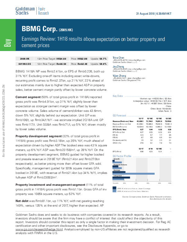 Earnings Review: 1H18 results above expectation on better property and cement prices