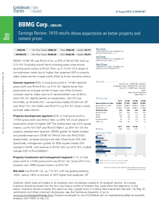 Earnings Review: 1H18 results above expectation on better property and cement prices