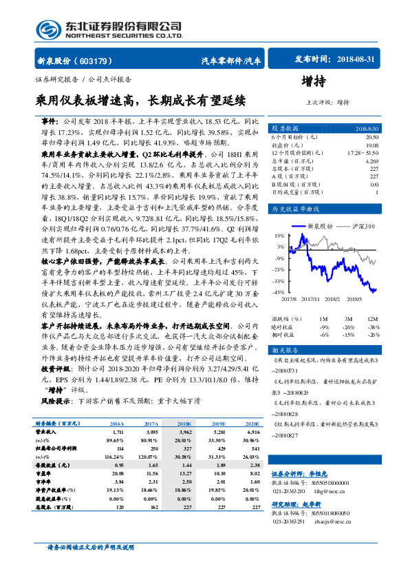 乘用仪表板增速高，长期成长有望延续