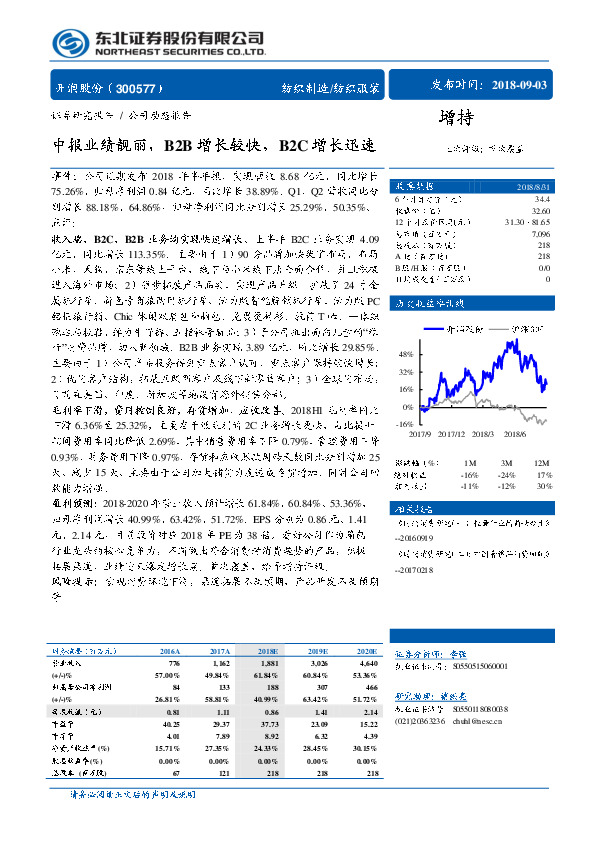 中报业绩靓丽，B2B增长较快，B2C增长迅速