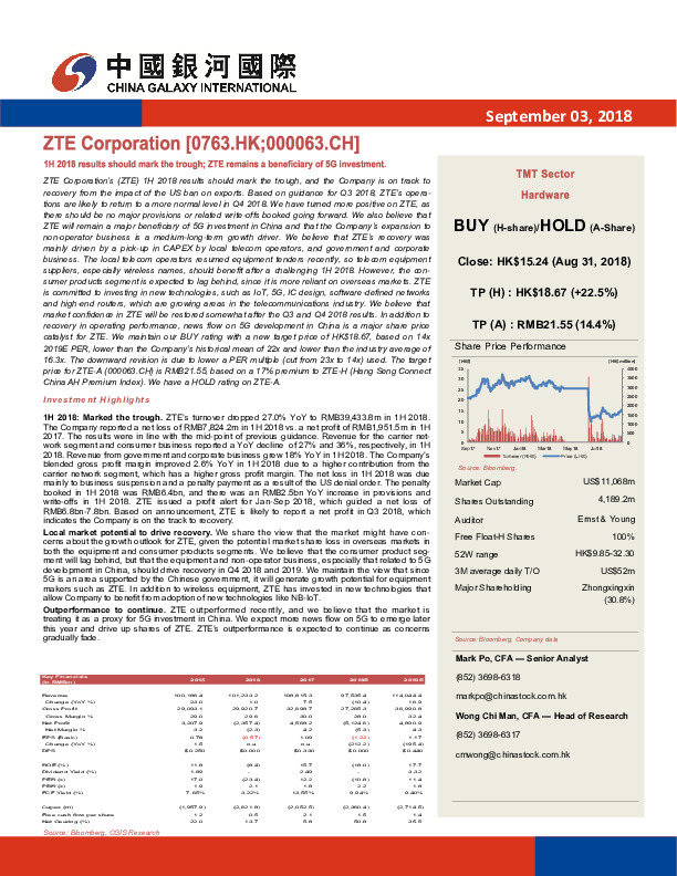 1H 2018 results should mark the trough; ZTE remains a beneficiary of 5G investment