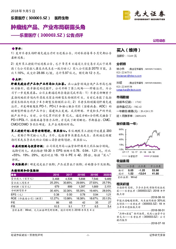 公告点评：肿瘤线产品、产业布局崭露头角