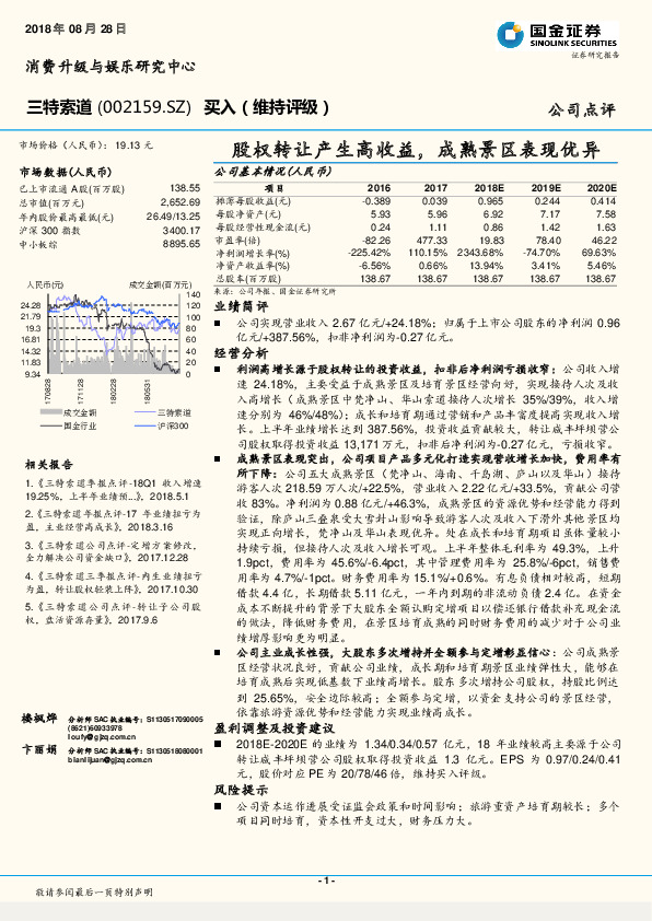 股权转让产生高收益，成熟景区表现优异