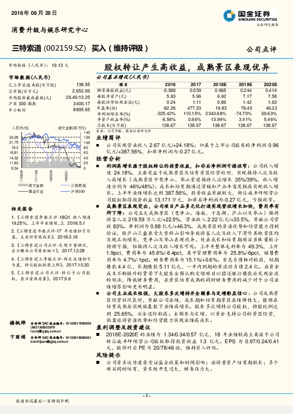 股权转让产生高收益，成熟景区表现优异
