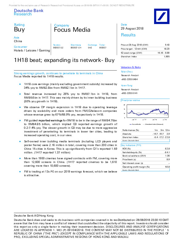 1H18 beat; expanding its network- Buy