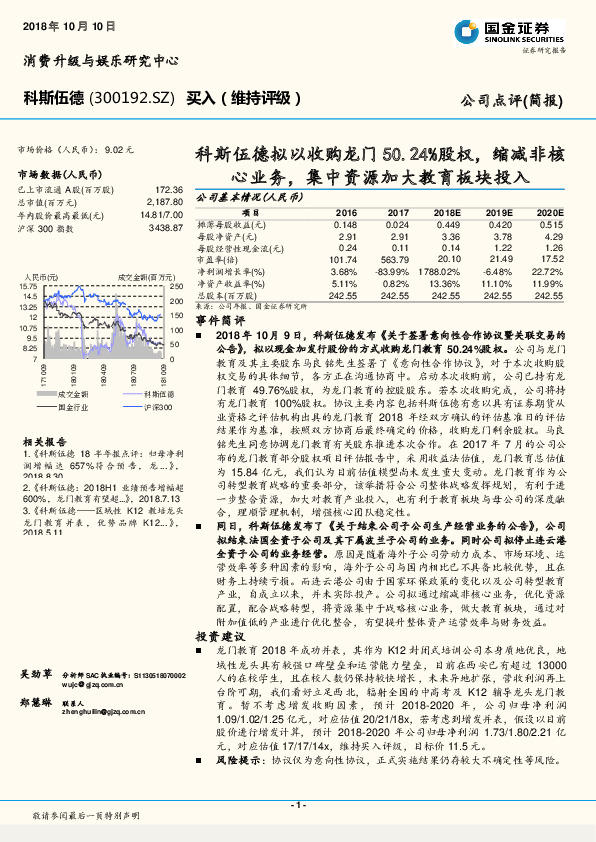 科斯伍德拟以收购龙门50.24%股权，缩减非核心业务，集中资源加大教育板块投入