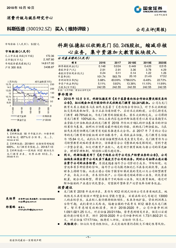 科斯伍德拟以收购龙门50.24%股权，缩减非核心业务，集中资源加大教育板块投入
