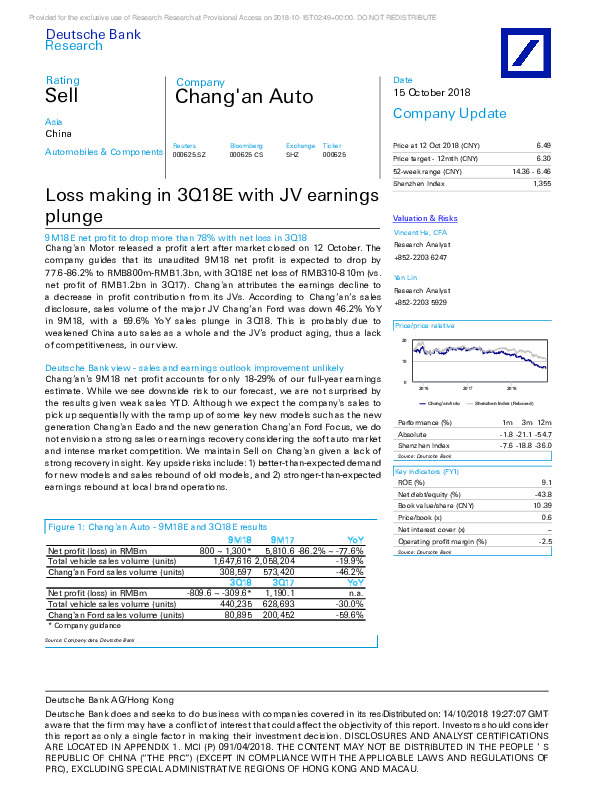 Loss making in 3Q18E with JV earnings plunge