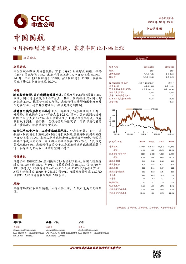 9月供给增速显著放缓，客座率同比小幅上涨