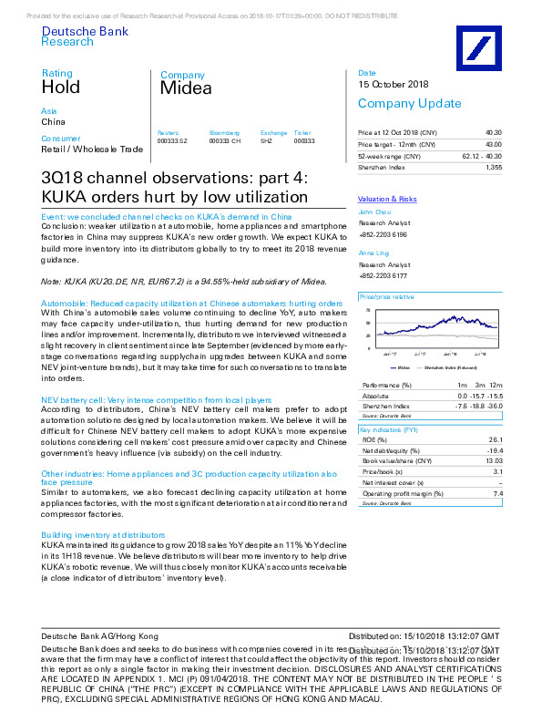 3Q18 channel observations: part 4: KUKA orders hurt by low utilization