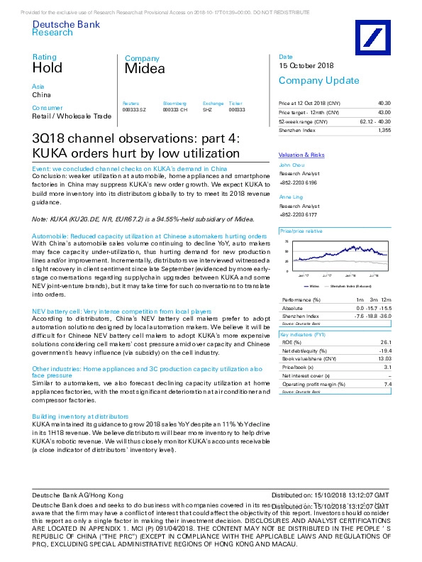 3Q18 channel observations: part 4: KUKA orders hurt by low utilization