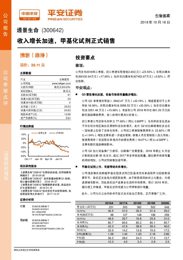 收入增长加速，甲基化试剂正式销售