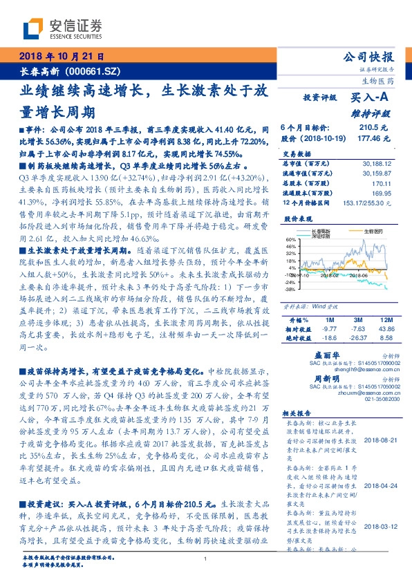 业绩继续高速增长，生长激素处于放量增长周期