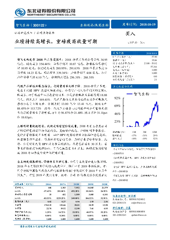 业绩持续高增长，重磅疫苗放量可期