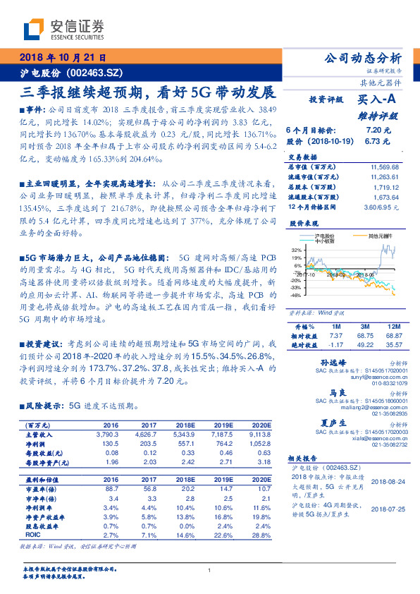三季报继续超预期，看好5G带动发展