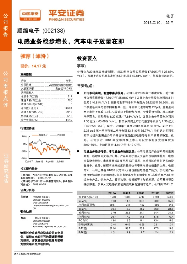 电感业务稳步增长，汽车电子放量在即