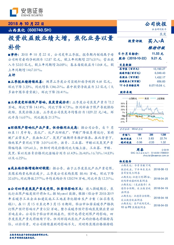 投资收益致业绩大增，焦化业务以量补价