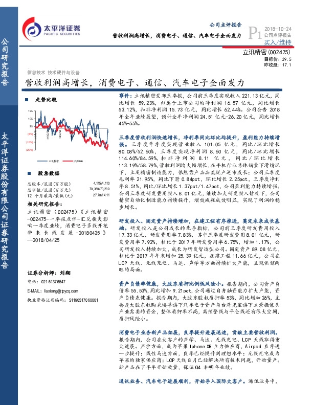 营收利润高增长，消费电子、通信、汽车电子全面发力