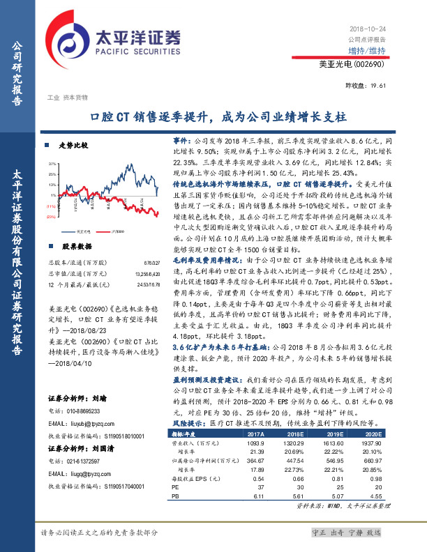 口腔CT销售逐季提升，成为公司业绩增长支柱