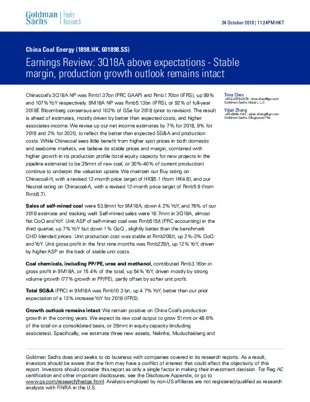 Earnings Review:3Q18A above expectations -Stable margin,production growth outlook remains intact