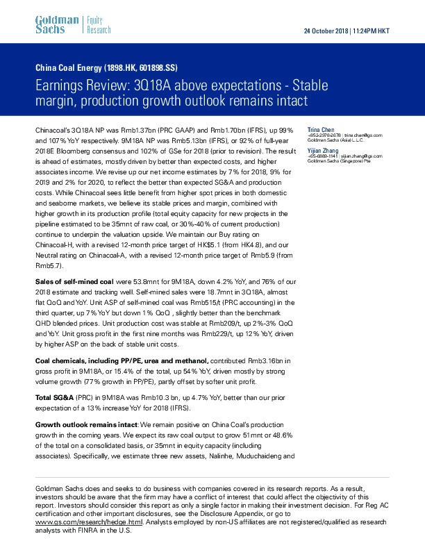 Earnings Review:3Q18A above expectations -Stable margin,production growth outlook remains intact