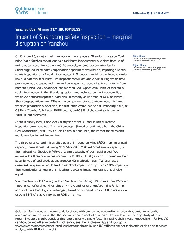 Impact of Shandong safety inspection – marginal disruption on Yanzhou