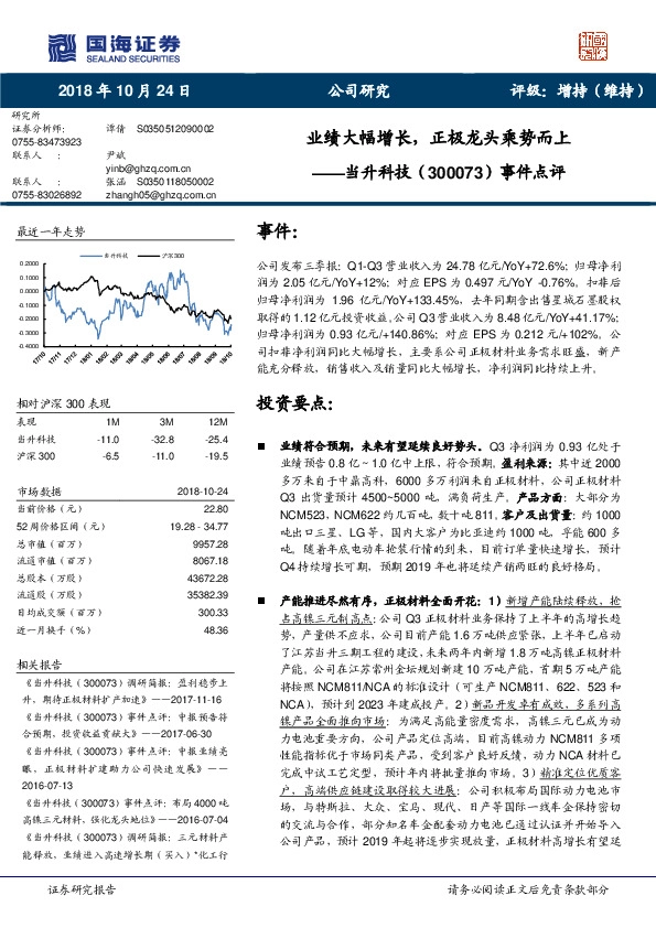 事件点评：业绩大幅增长，正极龙头乘势而上