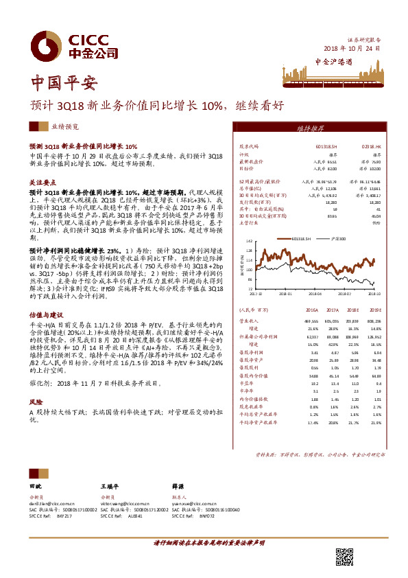预计3Q18新业务价值同比增长10%，继续看好